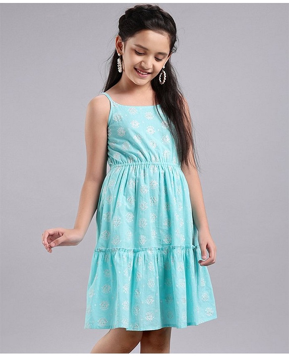 Pine Kids Singlet Sleeves Ethnic Dress with Mask Printed - Turquoise