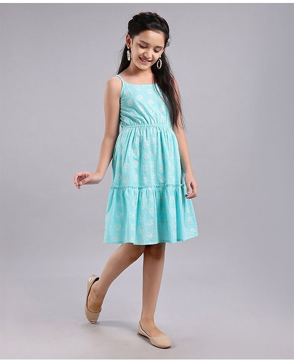 Pine Kids Singlet Sleeves Ethnic Dress with Mask Printed - Turquoise