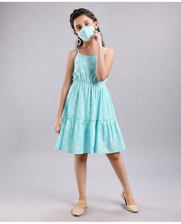 Pine Kids Singlet Sleeves Ethnic Dress with Mask Printed - Turquoise