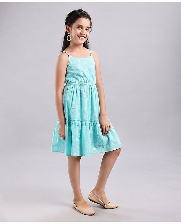 Pine Kids Singlet Sleeves Ethnic Dress with Mask Printed - Turquoise