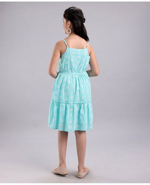 Pine Kids Singlet Sleeves Ethnic Dress with Mask Printed - Turquoise