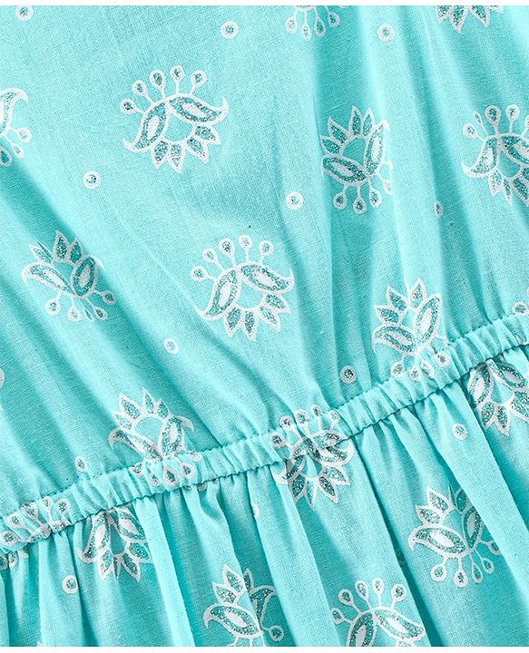 Pine Kids Singlet Sleeves Ethnic Dress with Mask Printed - Turquoise