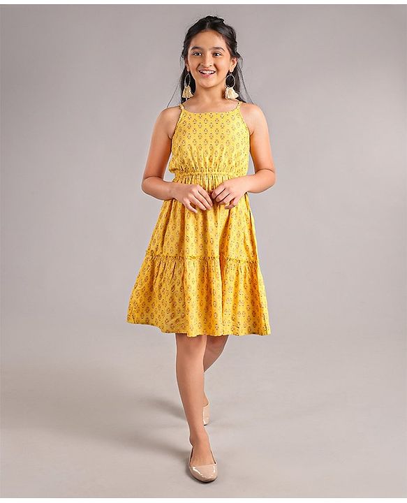 Pine Kids Singlet Sleeves Ethnic Dress with Floral Print and Mask - Yellow