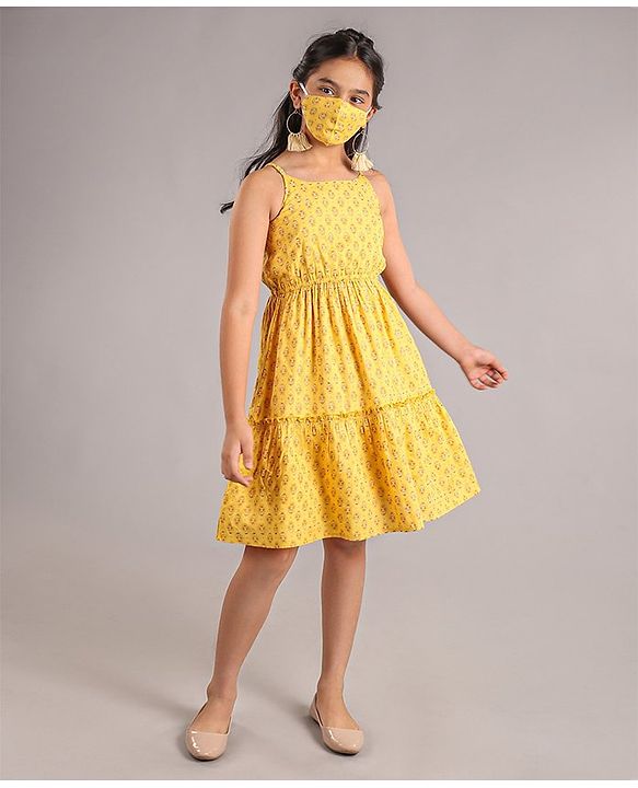 Pine Kids Singlet Sleeves Ethnic Dress with Floral Print and Mask - Yellow