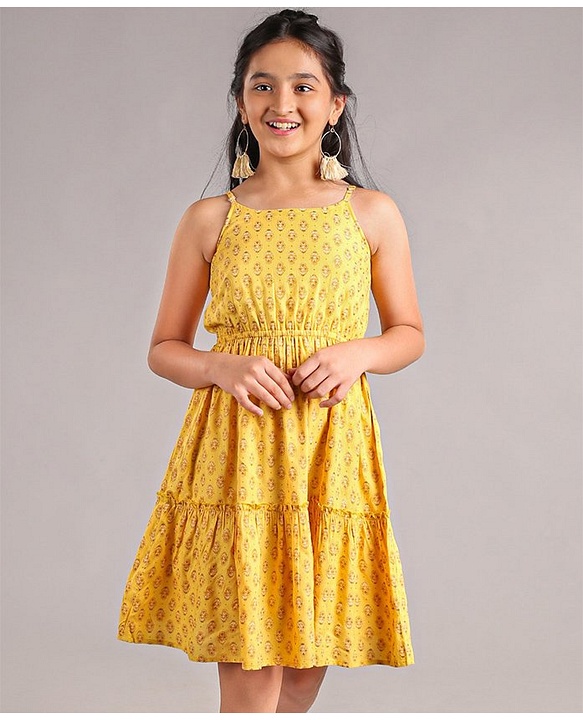 Pine Kids Singlet Sleeves Ethnic Dress with Floral Print and Mask - Yellow