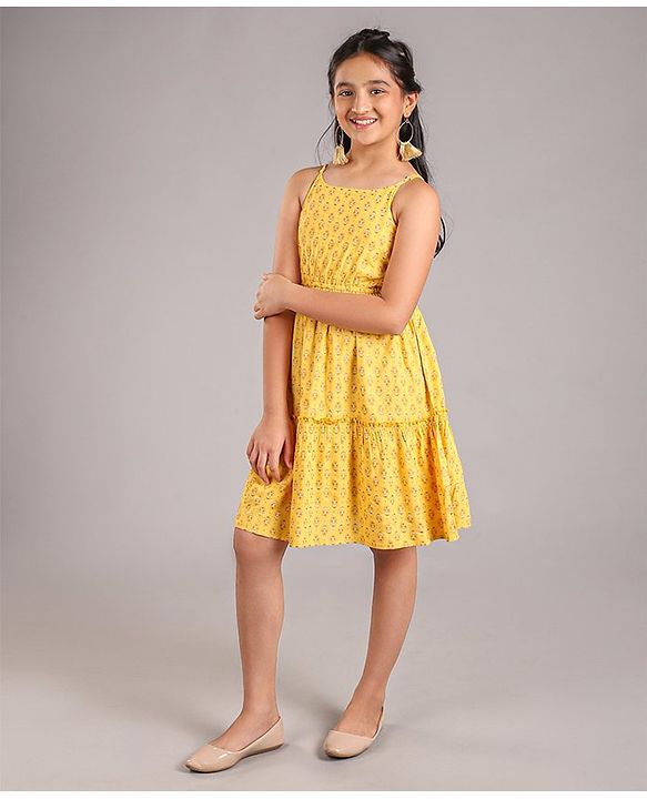 Pine Kids Singlet Sleeves Ethnic Dress with Floral Print and Mask - Yellow
