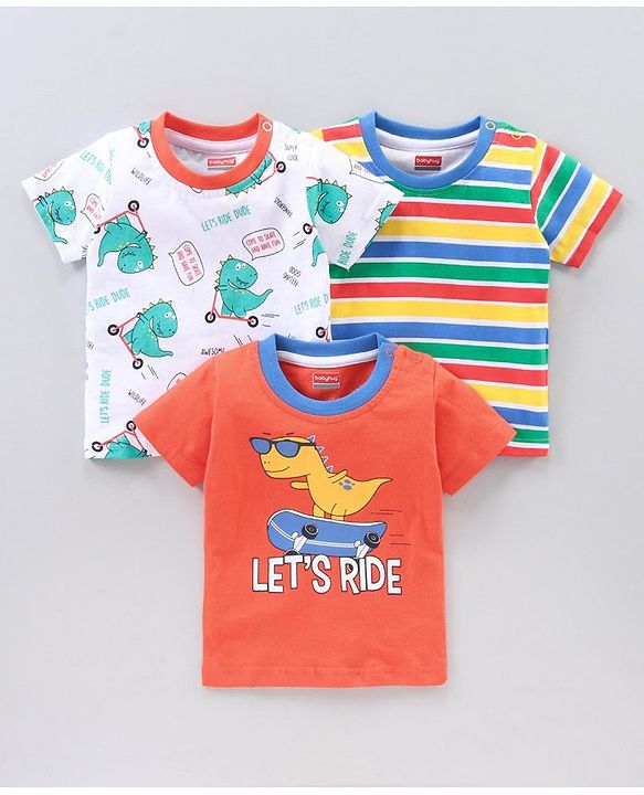 Babyhug Half Sleeves Striped T-Shirts Dino Print Pack of 3 - White Red Multicolor