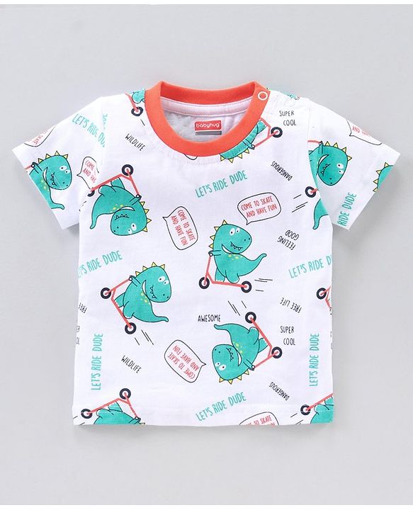 Babyhug Half Sleeves Striped T-Shirts Dino Print Pack of 3 - White Red Multicolor