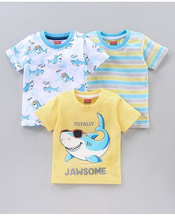 Babyhug Half Sleeves Striped T-Shirts Shark Print Pack of 3 - Multicolor