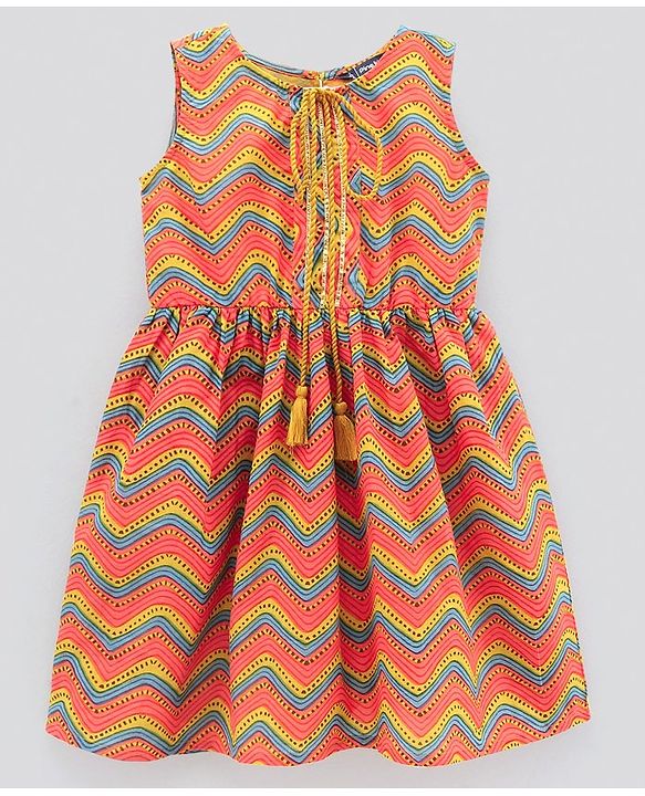 Pine Kids Sleeveless Printed Kurti Churidar Set With Dupatta - Yellow & Red