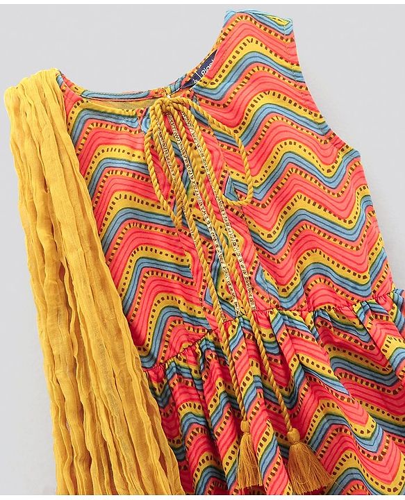 Pine Kids Sleeveless Printed Kurti Churidar Set With Dupatta - Yellow & Red