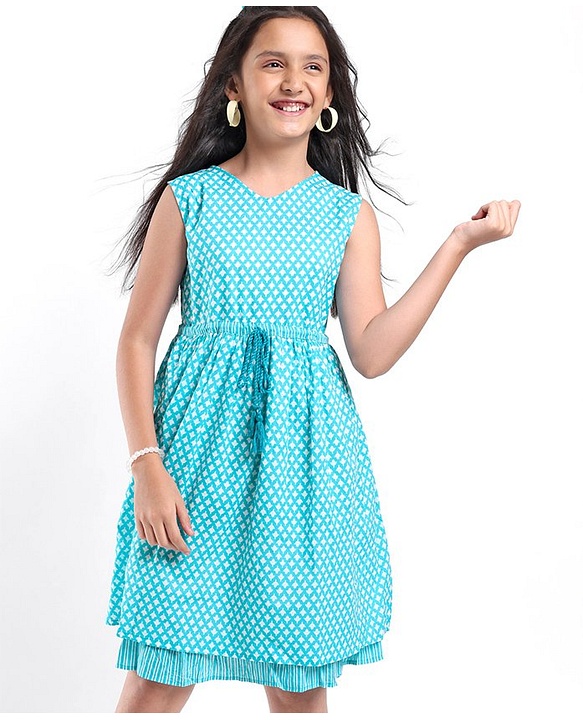 Pine Kids Sleeveless Printed Ethnic Dress- Blue