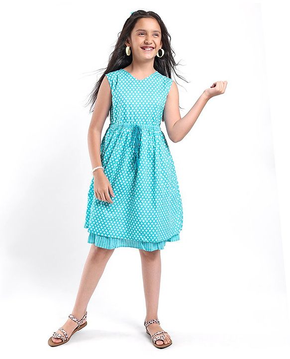 Pine Kids Sleeveless Printed Ethnic Dress- Blue