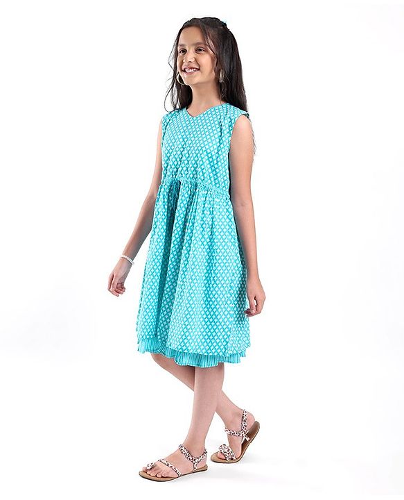 Pine Kids Sleeveless Printed Ethnic Dress- Blue