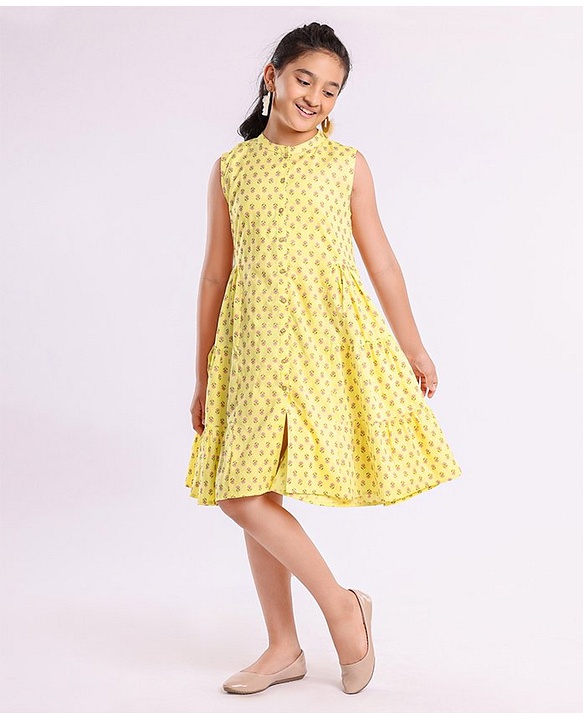 Pine Kids Sleeveless Printed Ethnic Dress - Lime Yellow
