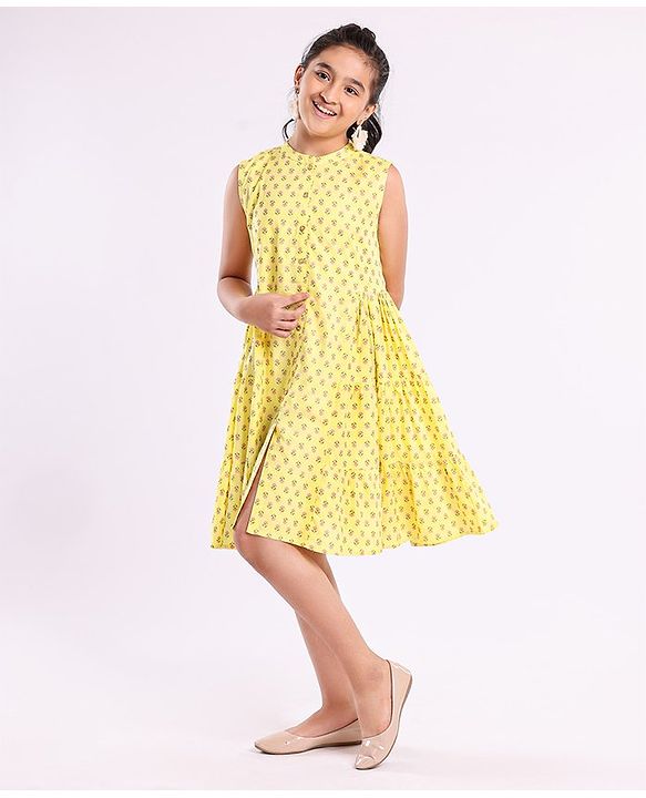 Pine Kids Sleeveless Printed Ethnic Dress - Lime Yellow
