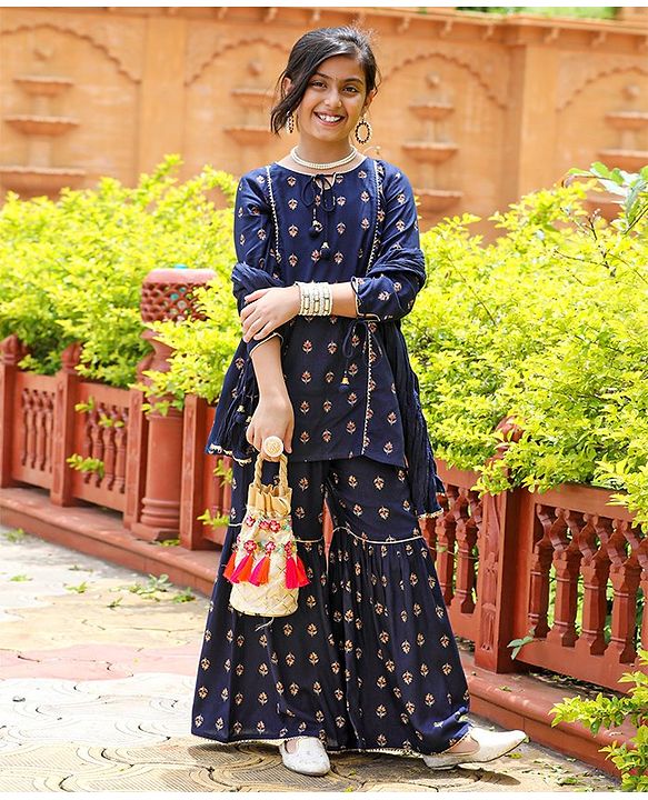 Pine Kids Three Fourth Sleeves Kurti & Sharara Set With Dupatta Ethnic Print - Navy Blue