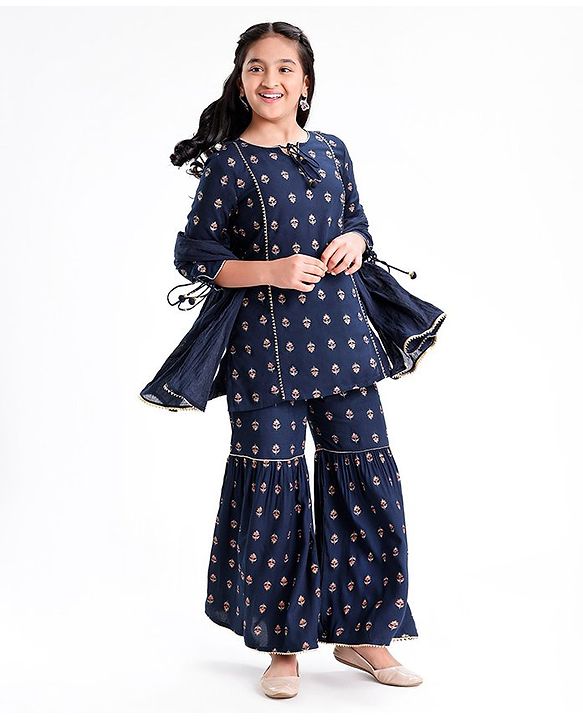 Pine Kids Three Fourth Sleeves Kurti & Sharara Set With Dupatta Ethnic Print - Navy Blue