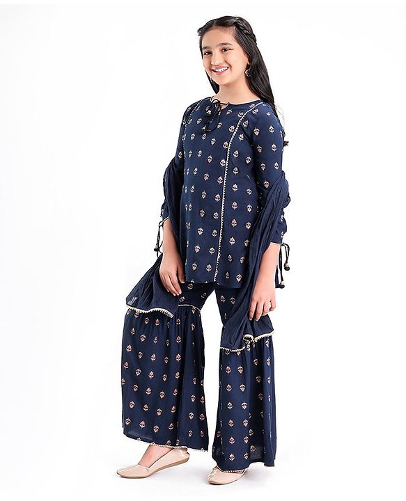 Pine Kids Three Fourth Sleeves Kurti & Sharara Set With Dupatta Ethnic Print - Navy Blue