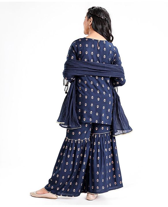 Pine Kids Three Fourth Sleeves Kurti & Sharara Set With Dupatta Ethnic Print - Navy Blue