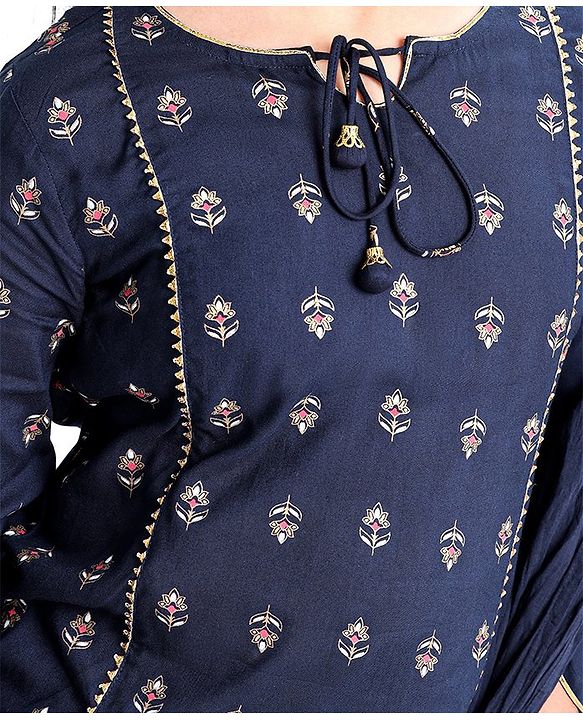 Pine Kids Three Fourth Sleeves Kurti & Sharara Set With Dupatta Ethnic Print - Navy Blue
