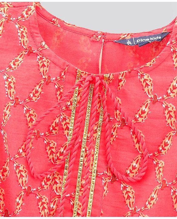 Pine Kids Sleeveless Printed Kurti Churidar Set With Dupatta- Pink