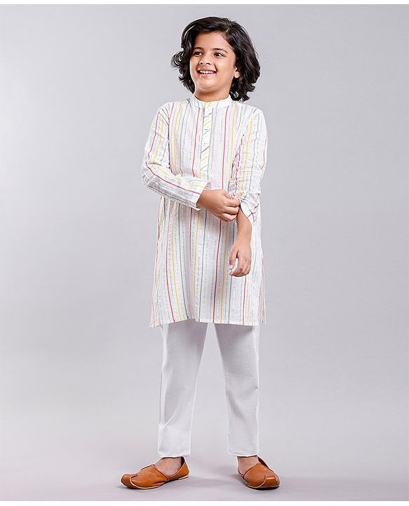 Pine Kids Full Sleeves Striped Kurta & Pyjama Set- White