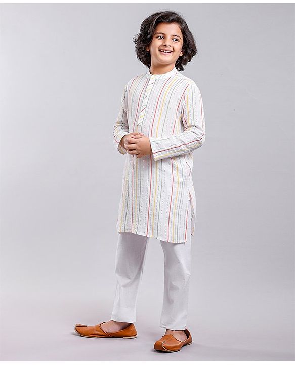 Pine Kids Full Sleeves Striped Kurta & Pyjama Set- White