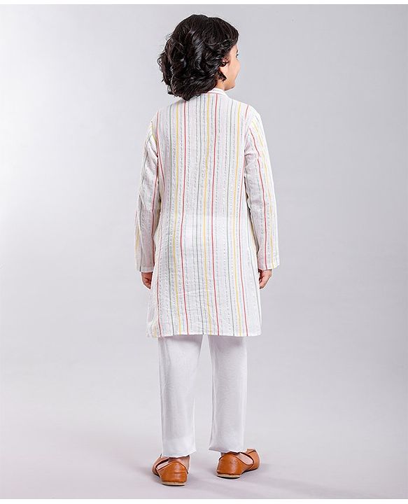 Pine Kids Full Sleeves Striped Kurta & Pyjama Set- White