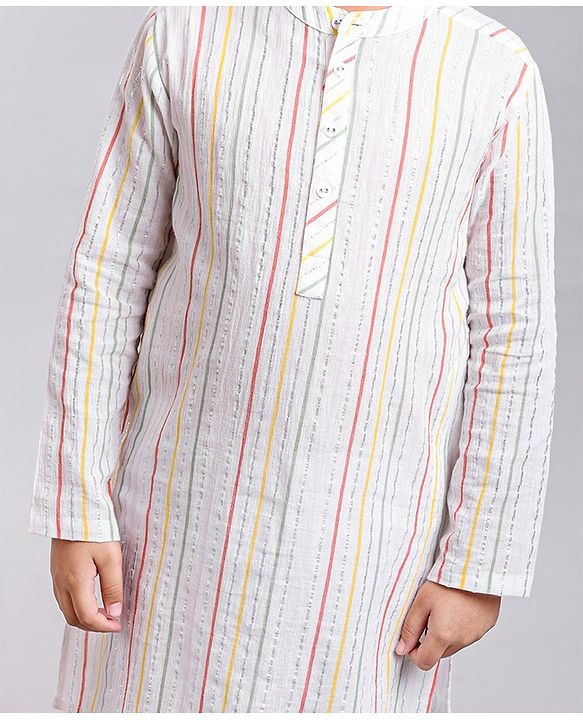 Pine Kids Full Sleeves Striped Kurta & Pyjama Set- White