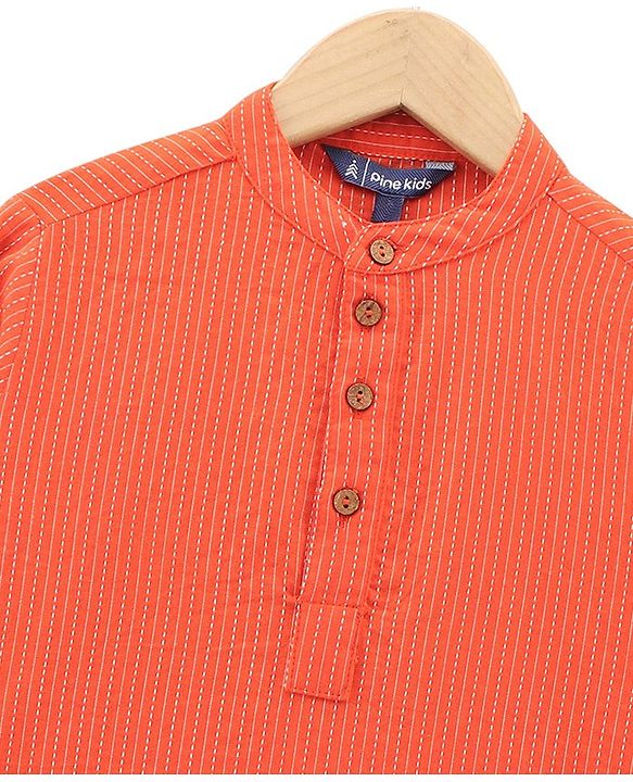 Pine Kids Full Sleeves Striped Kurta & Pyjama Set- Orange