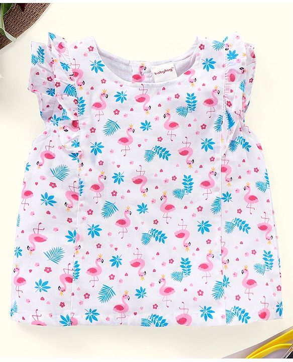 Babyhug Frill Sleeves Top Floral & Flamingo Print- White