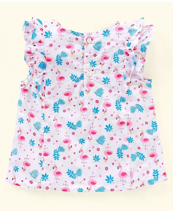 Babyhug Frill Sleeves Top Floral & Flamingo Print- White