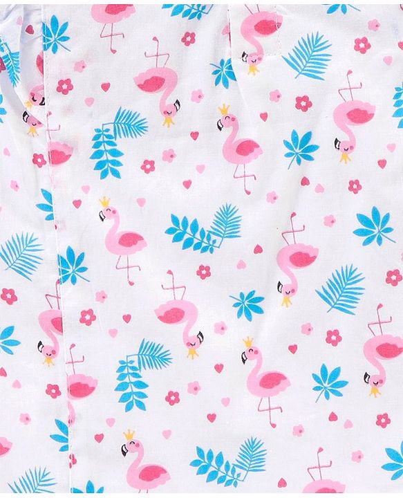 Babyhug Frill Sleeves Top Floral & Flamingo Print- White