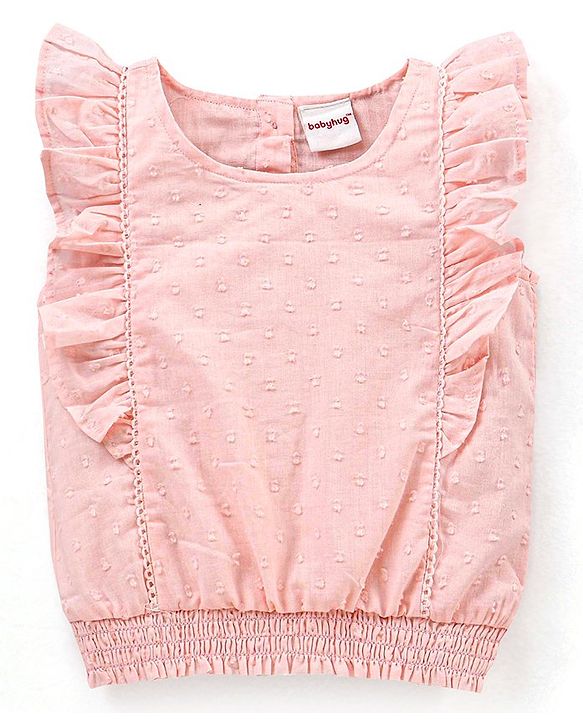 Babyhug Sleeveless Solid Rayon Swiss Dot Woven Top with Smocking & Frill detailing - Peach