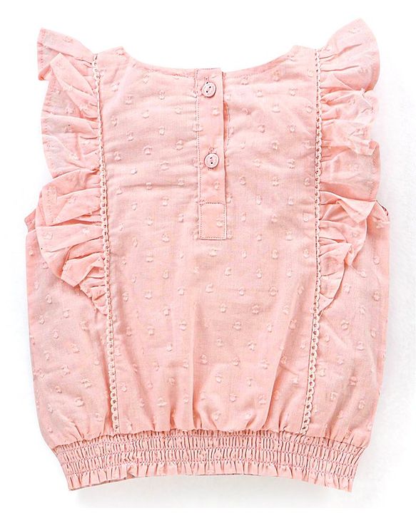 Babyhug Sleeveless Solid Rayon Swiss Dot Woven Top with Smocking & Frill detailing - Peach