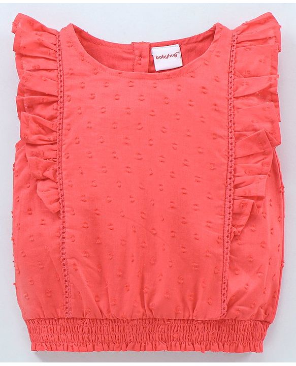 Babyhug Sleeveless Swiss Dot Solid Top With Smocking & Frill Detailing - Red
