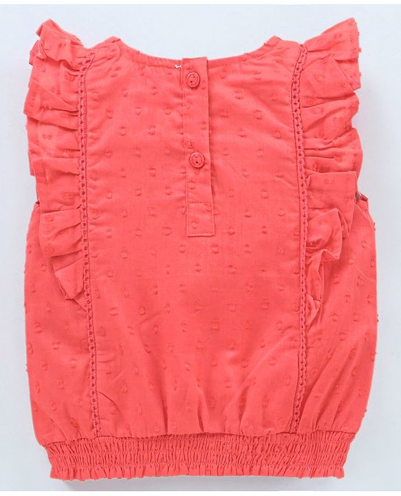 Babyhug Sleeveless Swiss Dot Solid Top With Smocking & Frill Detailing - Red
