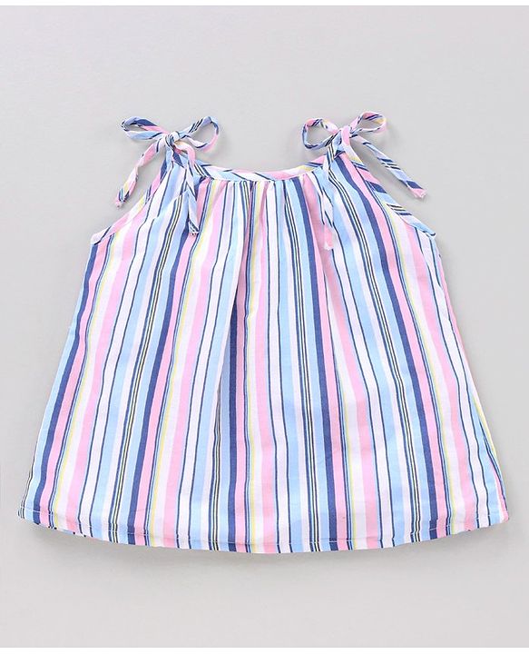 Babyhug Singlet Sleeves Cotton Cambric Printed Striped Woven Top - Multicolour