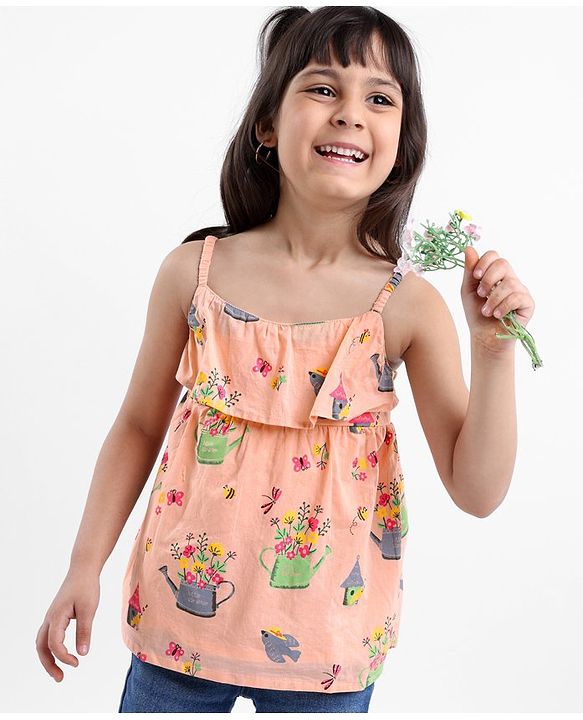 Babyhug Singlet Sleeves Rayon Woven Top With All Over Print - Peach