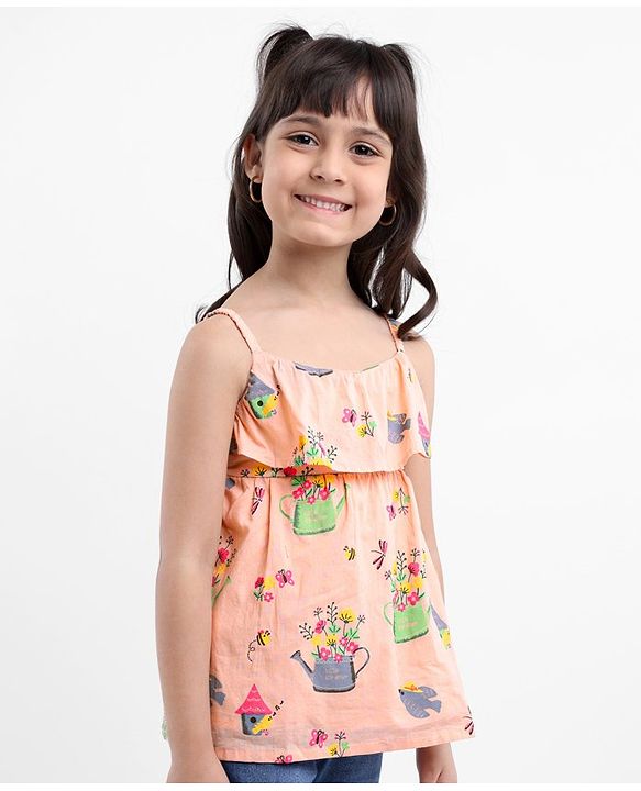 Babyhug Singlet Sleeves Rayon Woven Top With All Over Print - Peach