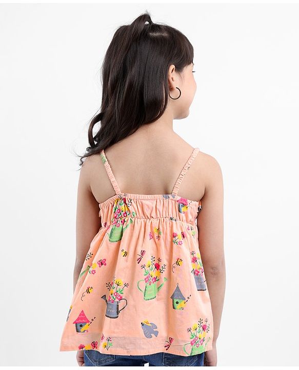 Babyhug Singlet Sleeves Rayon Woven Top With All Over Print - Peach