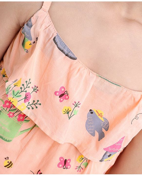 Babyhug Singlet Sleeves Rayon Woven Top With All Over Print - Peach