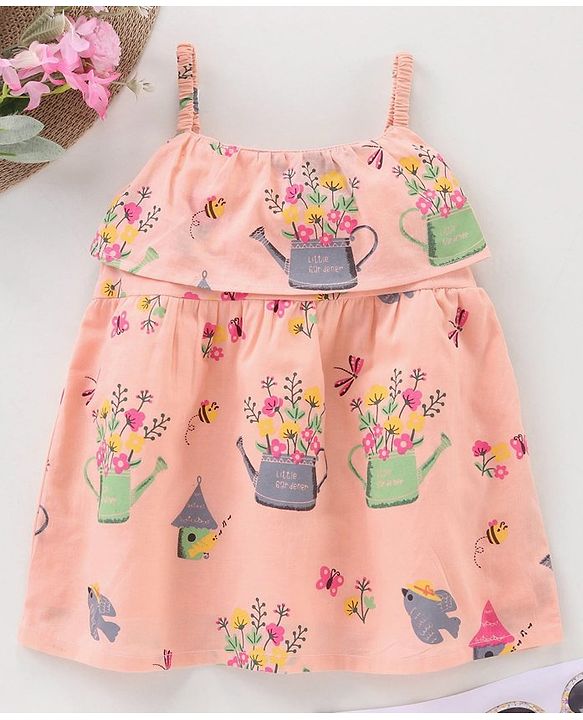 Babyhug Singlet Sleeves Rayon Woven Top With All Over Print - Peach