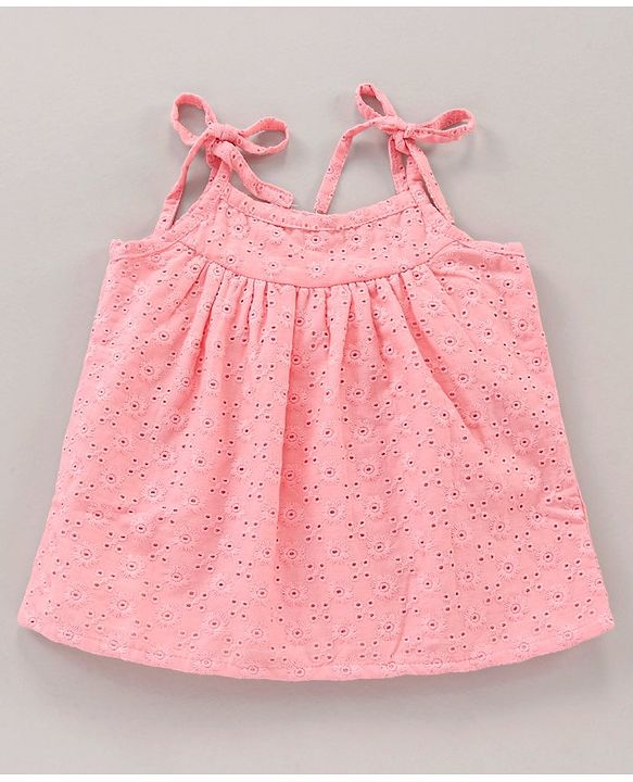 Babyhug Singlet Hakoba Embroidered Top With Gathers And Tie-Up Knot- Pink