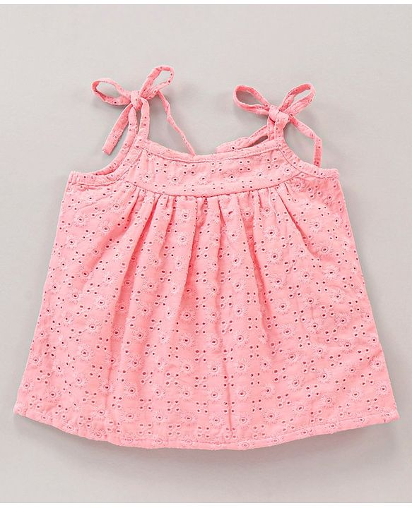 Babyhug Singlet Hakoba Embroidered Top With Gathers And Tie-Up Knot- Pink