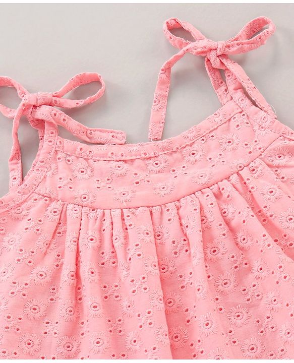 Babyhug Singlet Hakoba Embroidered Top With Gathers And Tie-Up Knot- Pink