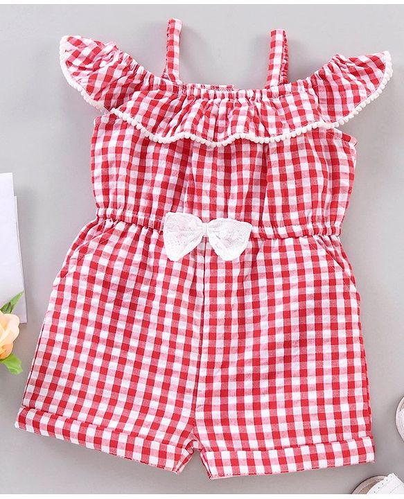 Babyhug 100% Cotton Off Shoulder Sleeves Jumpsuit Checks Print - Red