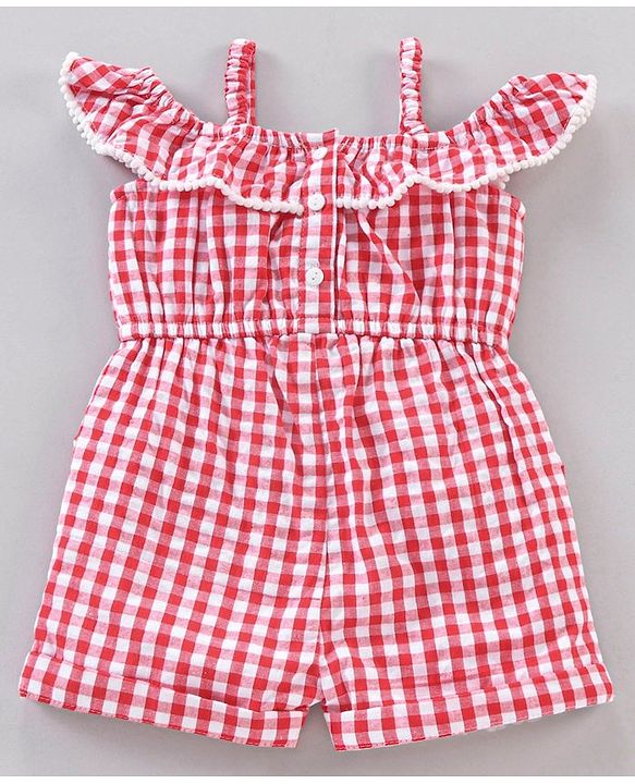 Babyhug 100% Cotton Off Shoulder Sleeves Jumpsuit Checks Print - Red