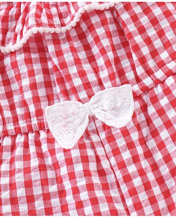 Babyhug 100% Cotton Off Shoulder Sleeves Jumpsuit Checks Print - Red